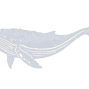 A precision-cut aluminum humpback whale silhouette weathervane displayed on a black background. The whale features detailed cuts representing its flippers, tail, and iconic bumps.